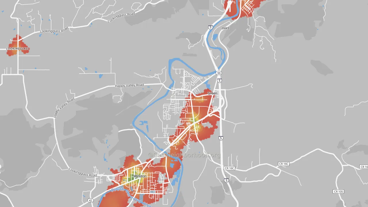 Walk Grade map of Green, OR, walkable areas in green and car-dependent areas in red