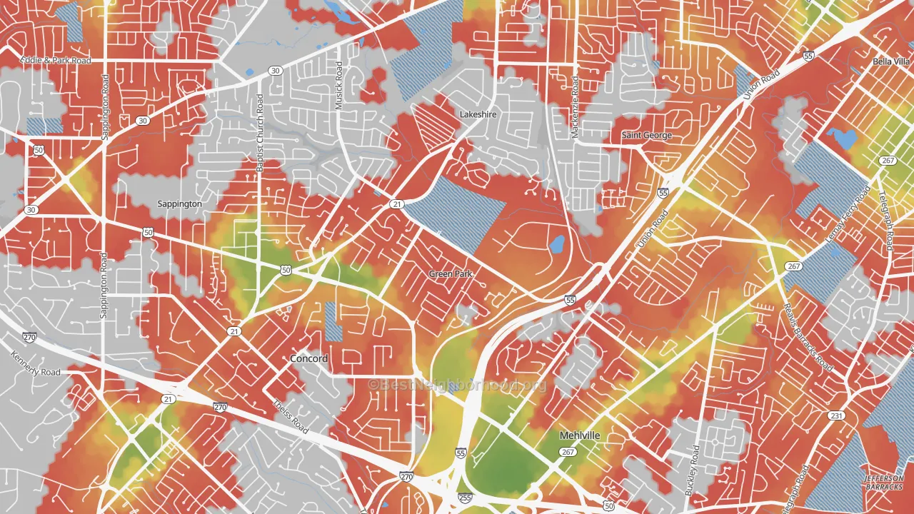 Walk Grade map of Green Park, MO, walkable areas in green and car-dependent areas in red