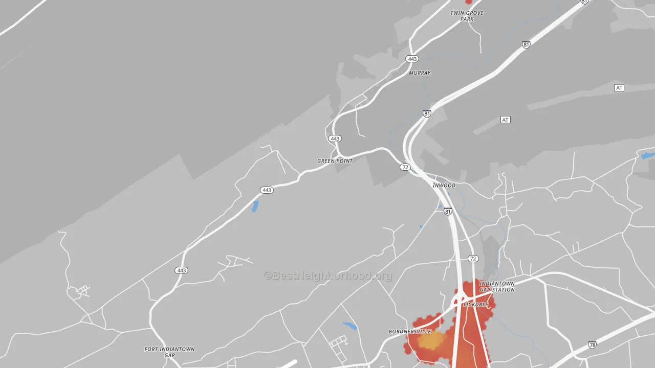Walk Grade map of Green Point, PA, walkable areas in green and car-dependent areas in red