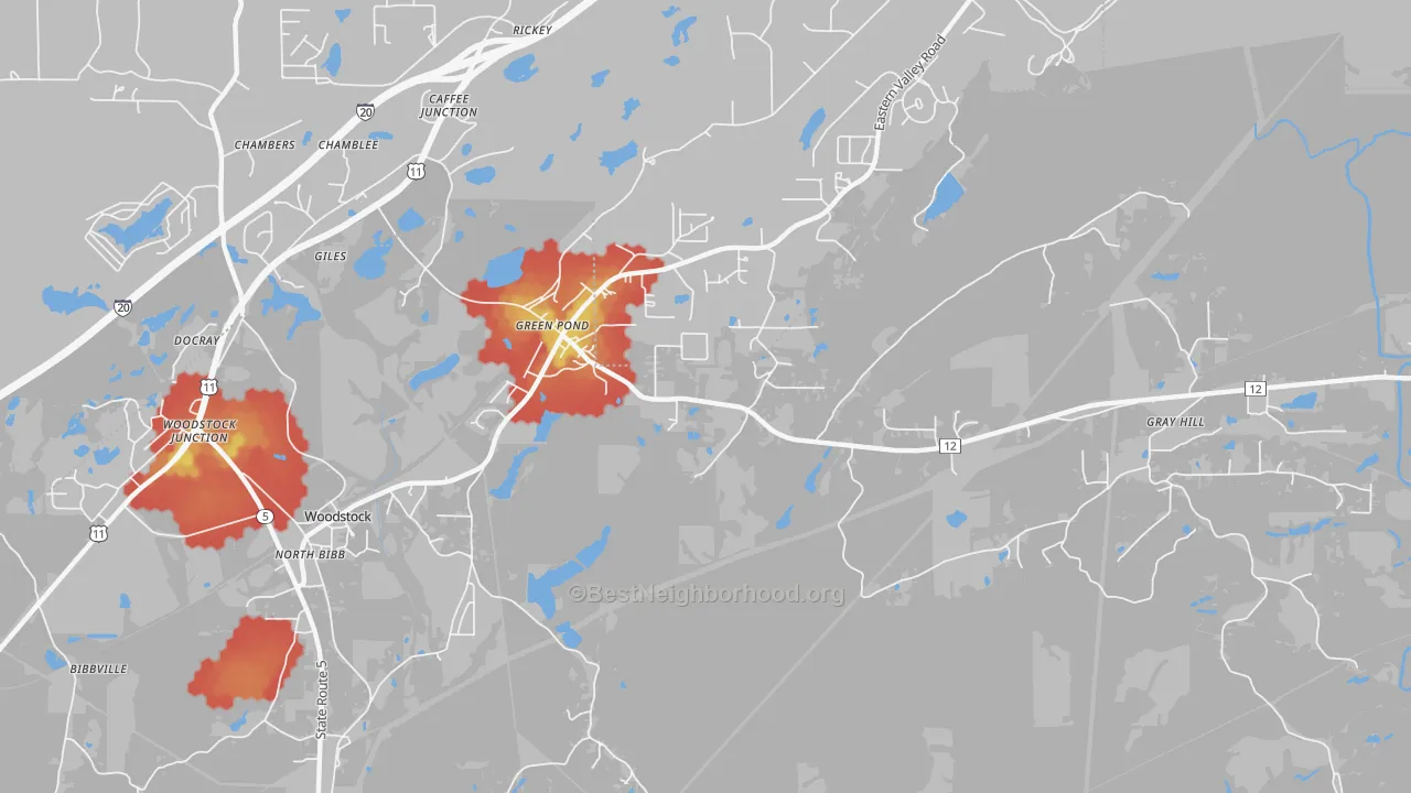 Walk Grade map of Green Pond, AL, walkable areas in green and car-dependent areas in red