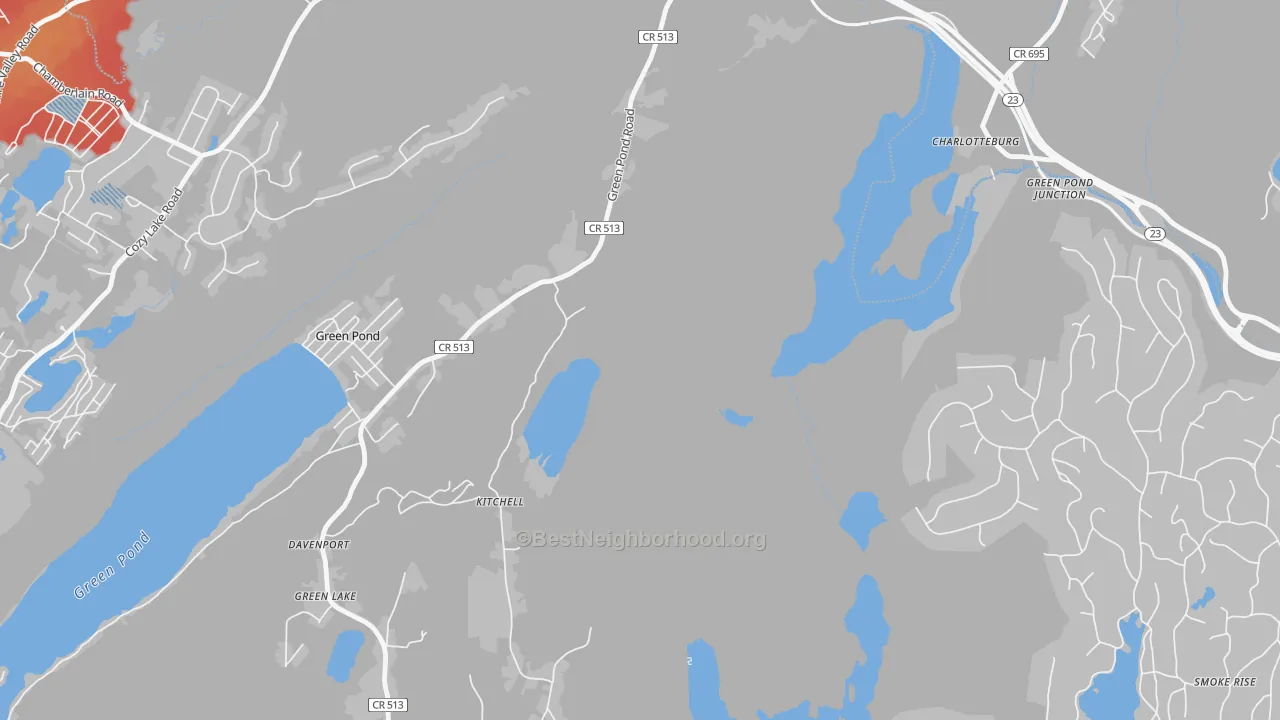 Walk Grade map of Green Pond, NJ, walkable areas in green and car-dependent areas in red
