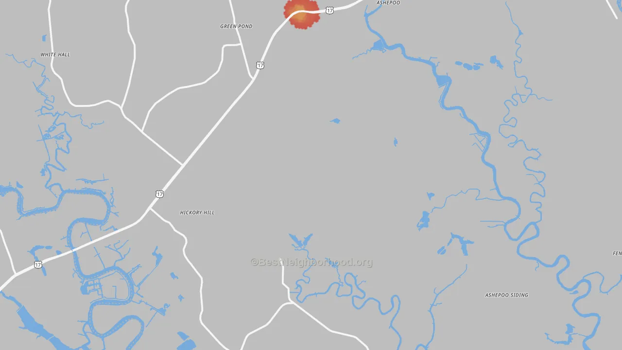 Walk Grade map of Green Pond, SC, walkable areas in green and car-dependent areas in red