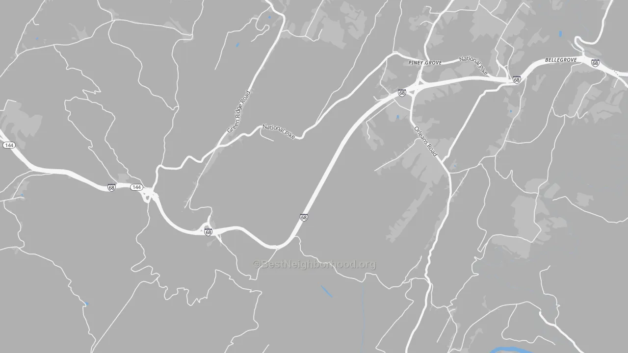 Walk Grade map of Green Ridge, MD, walkable areas in green and car-dependent areas in red