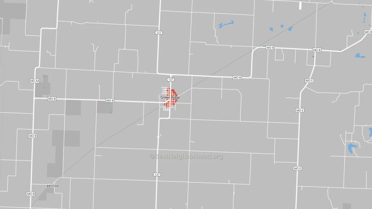 Walk Grade map of Green Ridge, MO, walkable areas in green and car-dependent areas in red