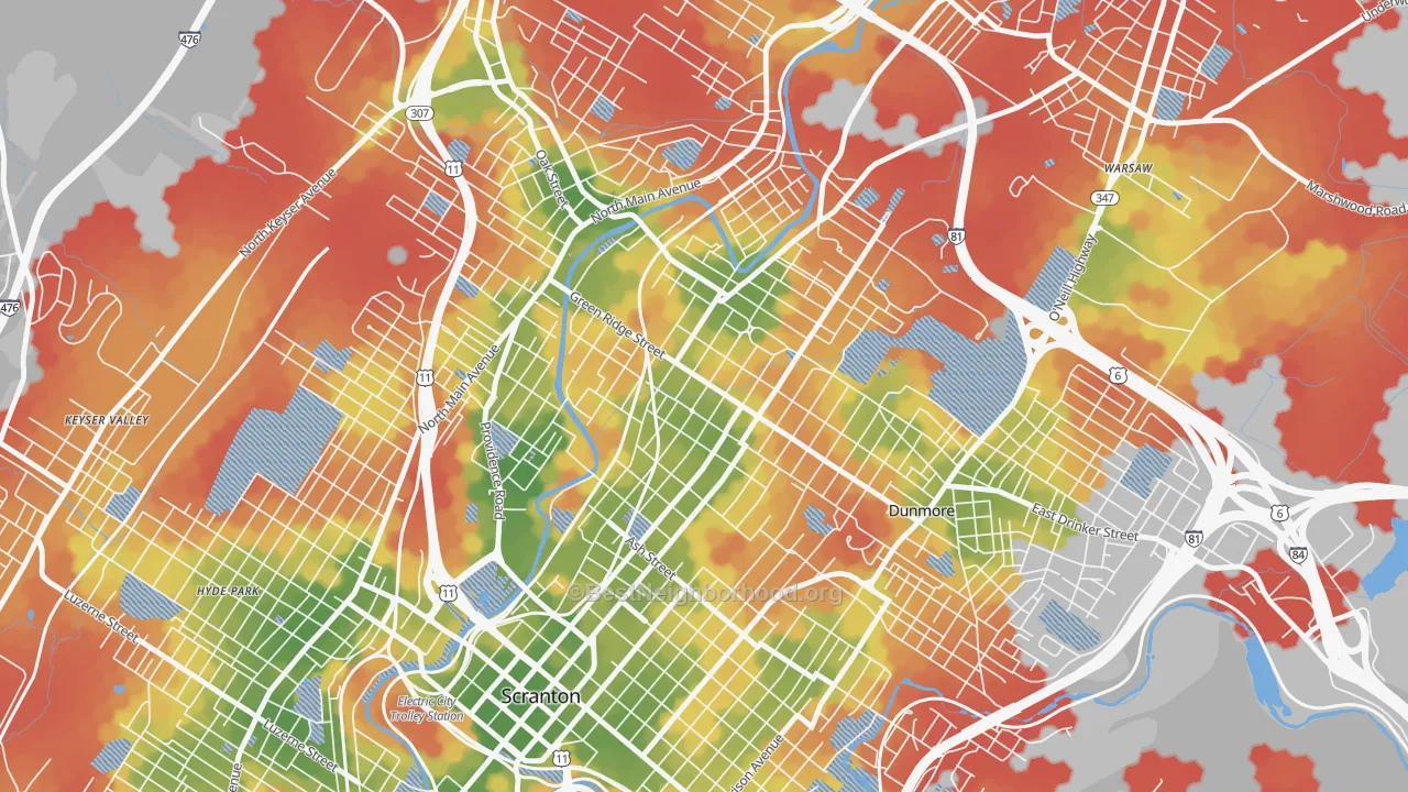 Walk Grade map of Green Ridge, Scranton, PA, walkable areas in green and car-dependent areas in red