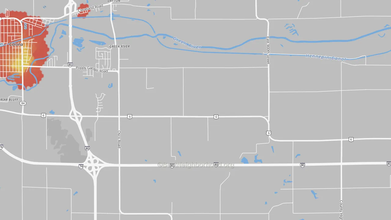 Walk Grade map of Green River, IL, walkable areas in green and car-dependent areas in red