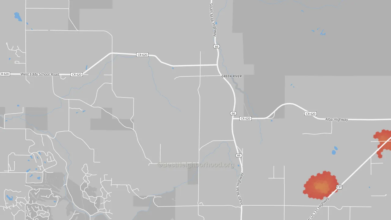 Walk Grade map of Green River, MI, walkable areas in green and car-dependent areas in red