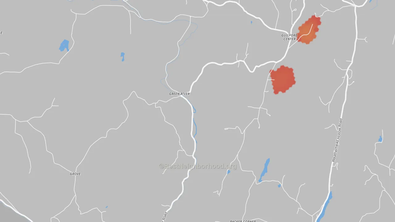 Walk Grade map of Green River, VT, walkable areas in green and car-dependent areas in red