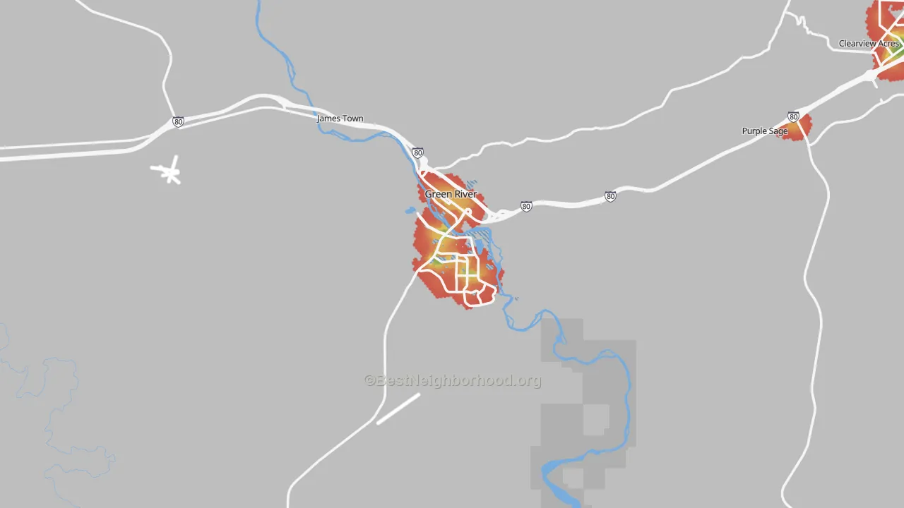 Walk Grade map of Green River, WY, walkable areas in green and car-dependent areas in red