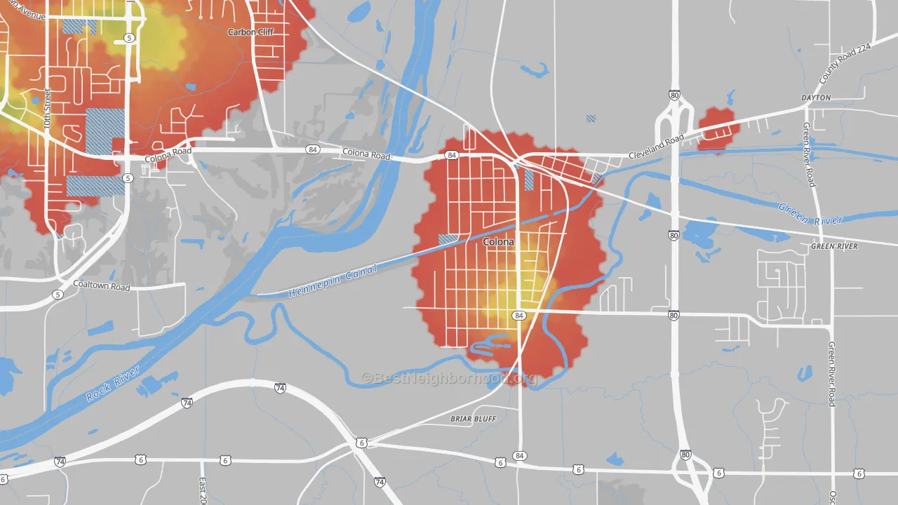 Walk Grade map of Green Rock, IL, walkable areas in green and car-dependent areas in red