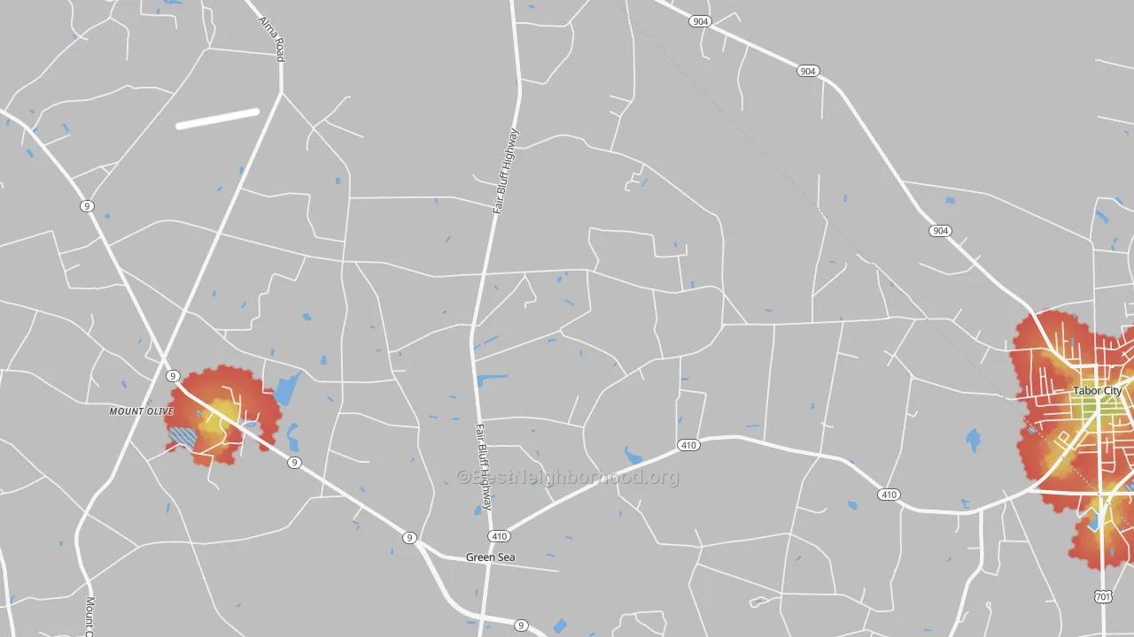 Walk Grade map of Green Sea, SC, walkable areas in green and car-dependent areas in red