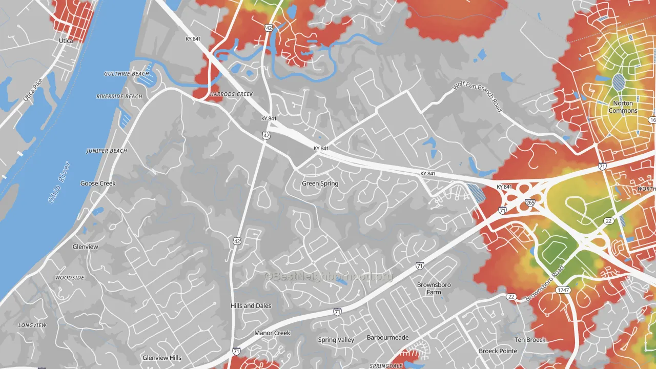 Walk Grade map of Green Spring, KY, walkable areas in green and car-dependent areas in red