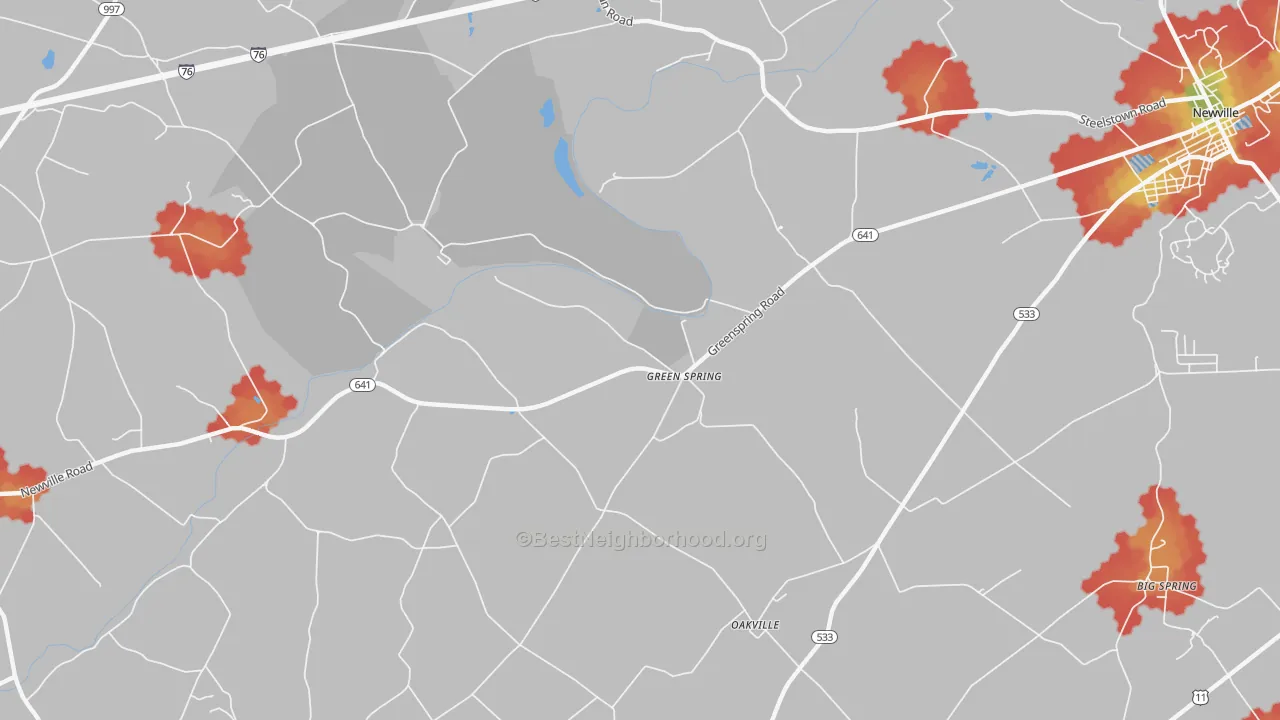 Walk Grade map of Green Spring, PA, walkable areas in green and car-dependent areas in red