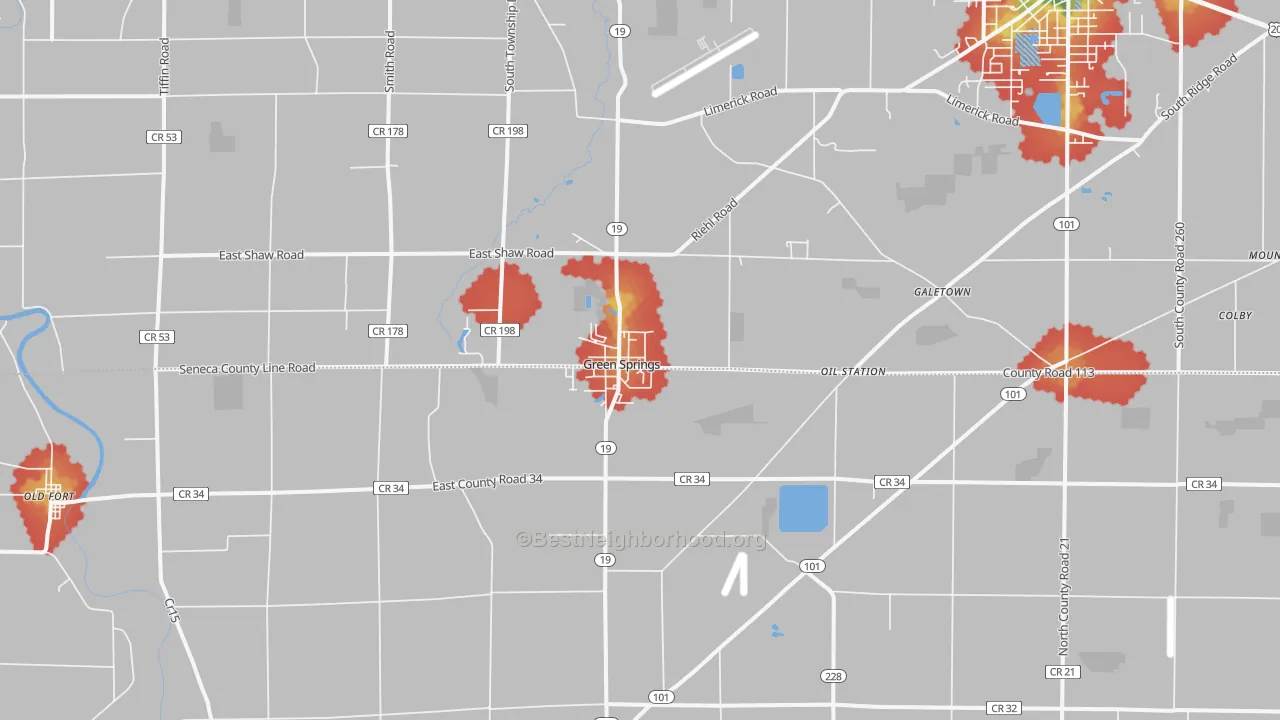 Walk Grade map of Green Springs, OH, walkable areas in green and car-dependent areas in red