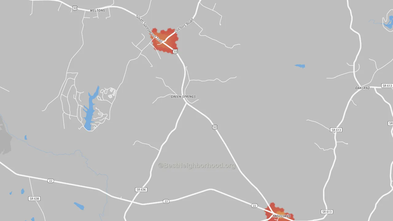 Walk Grade map of Green Springs, VA, walkable areas in green and car-dependent areas in red