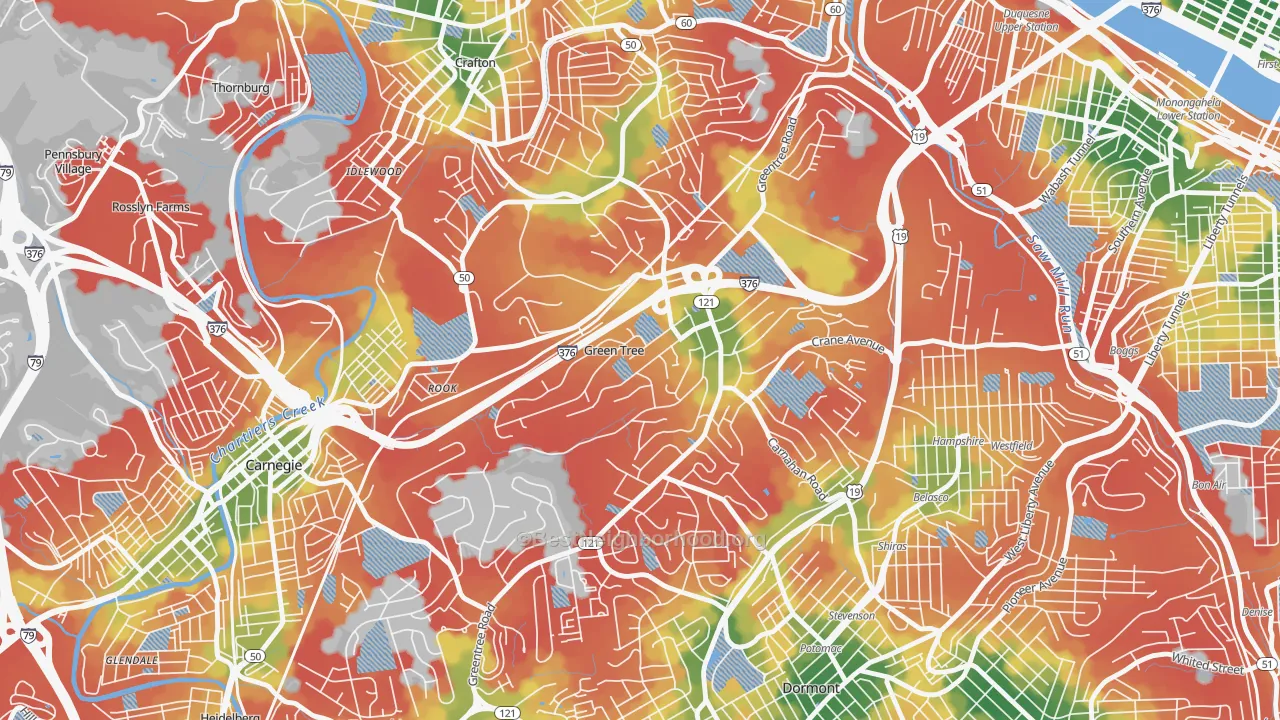 Walk Grade map of Green Tree, PA, walkable areas in green and car-dependent areas in red