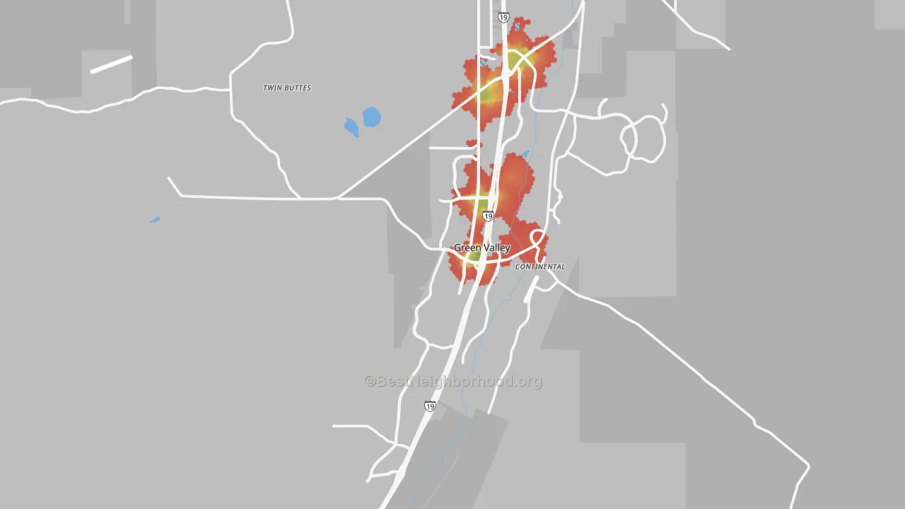 Walk Grade map of Green Valley, AZ, walkable areas in green and car-dependent areas in red