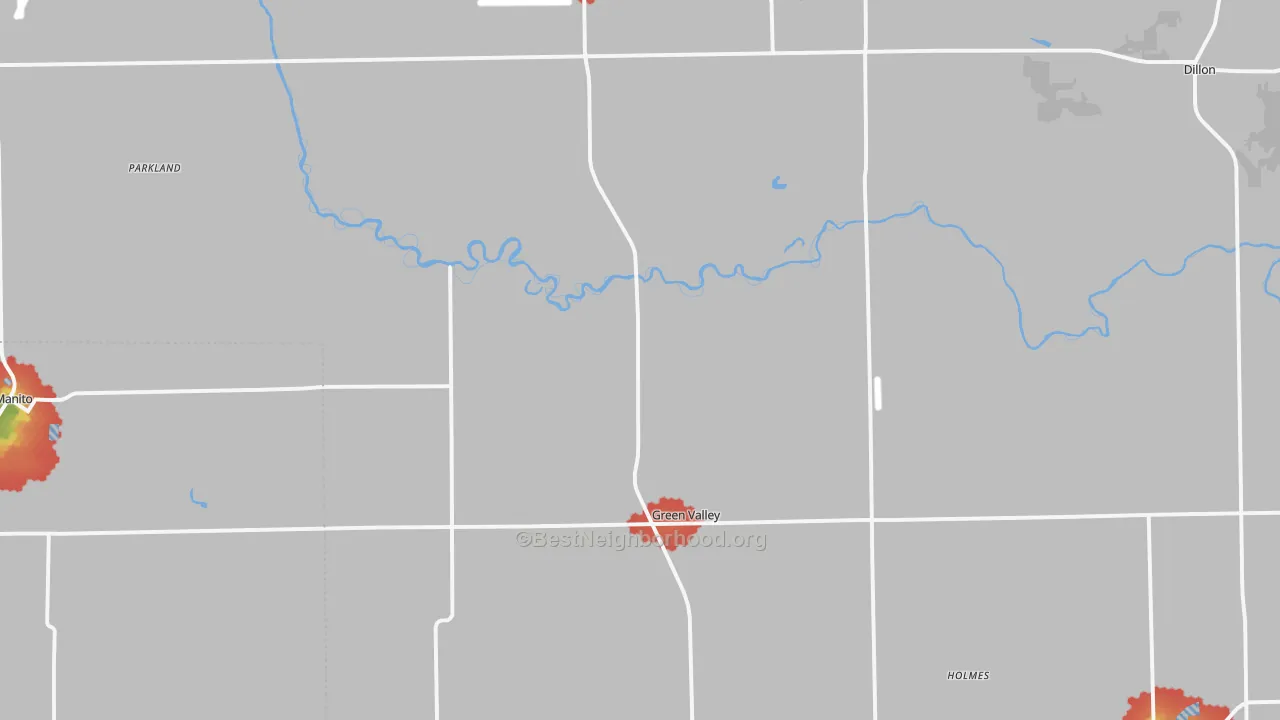 Walk Grade map of Green Valley, IL, walkable areas in green and car-dependent areas in red