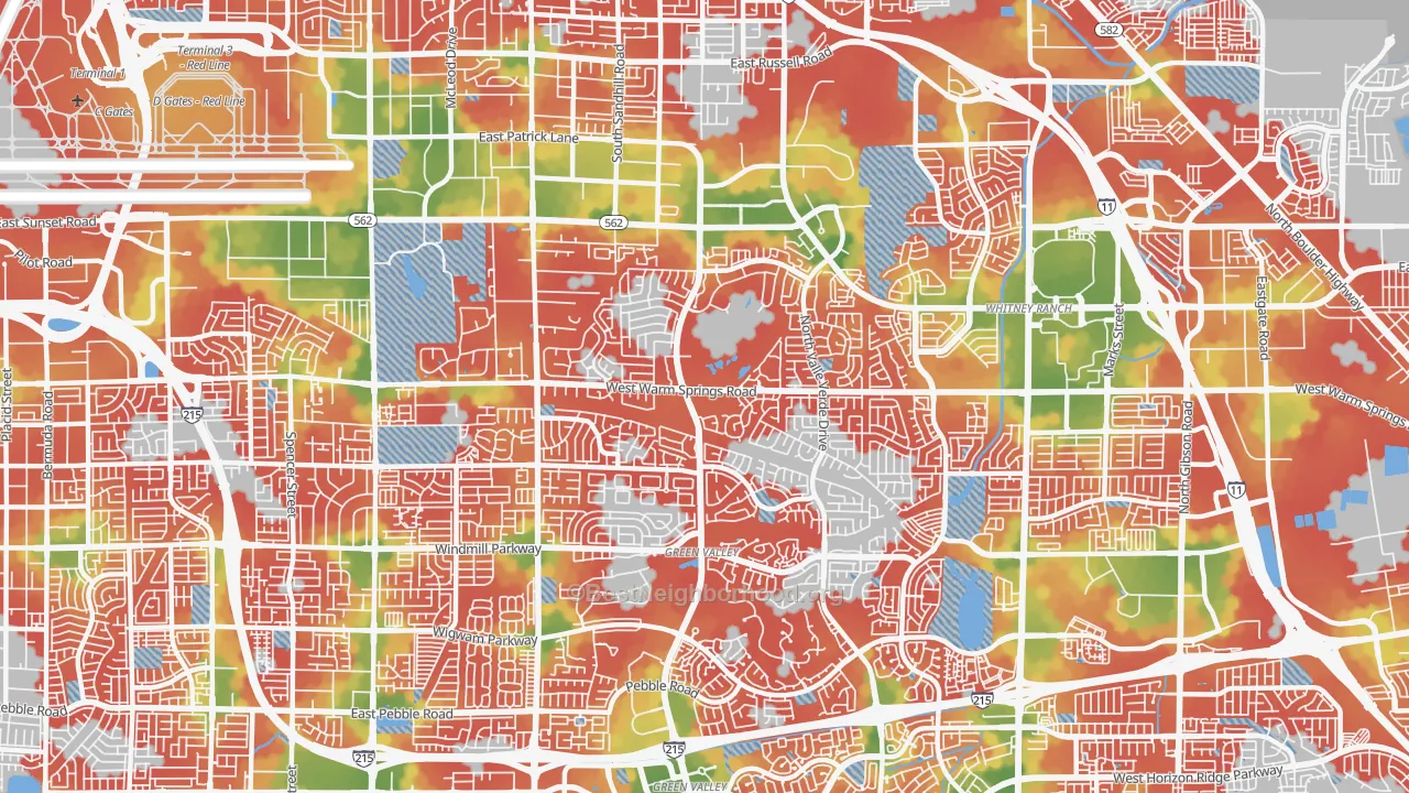 Walk Grade map of Green Valley North, Henderson, NV, walkable areas in green and car-dependent areas in red
