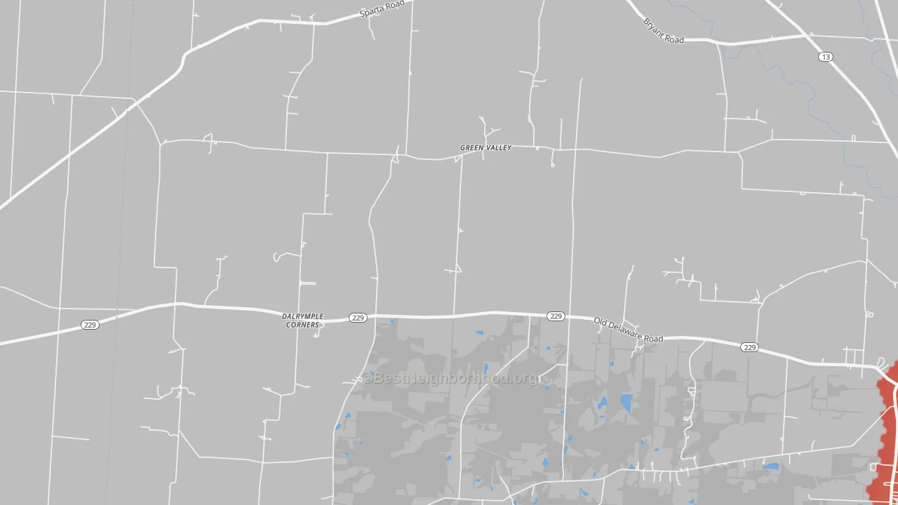 Walk Grade map of Green Valley, OH, walkable areas in green and car-dependent areas in red