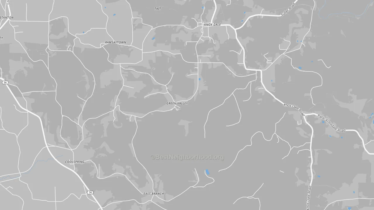 Walk Grade map of Green Valley, PA, walkable areas in green and car-dependent areas in red