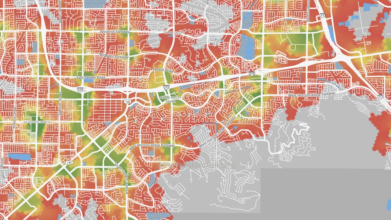 Walk Grade map of Green Valley Ranch, Henderson, NV, walkable areas in green and car-dependent areas in red