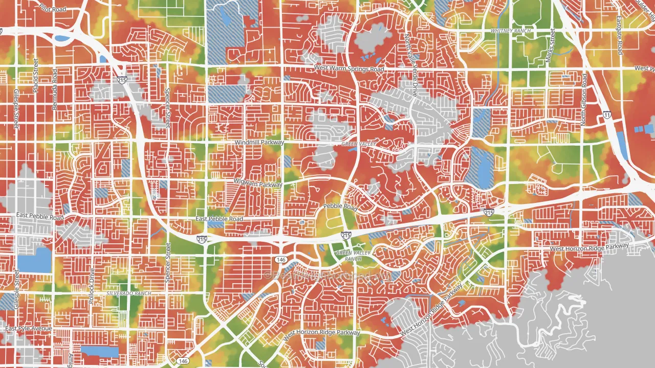 Walk Grade map of Green Valley South, Henderson, NV, walkable areas in green and car-dependent areas in red