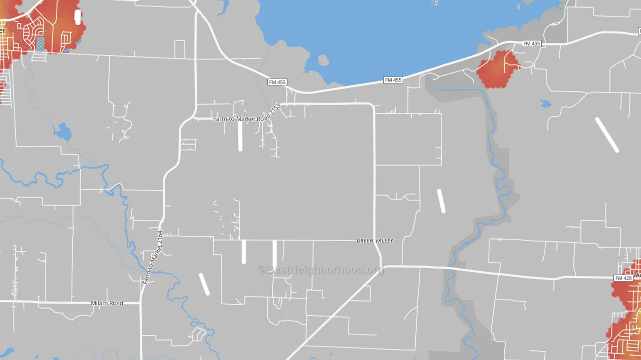 Walk Grade map of Green Valley, TX, walkable areas in green and car-dependent areas in red