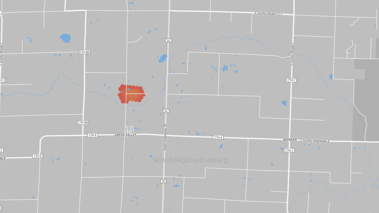 Walk Grade map of Green Valley, WI, walkable areas in green and car-dependent areas in red