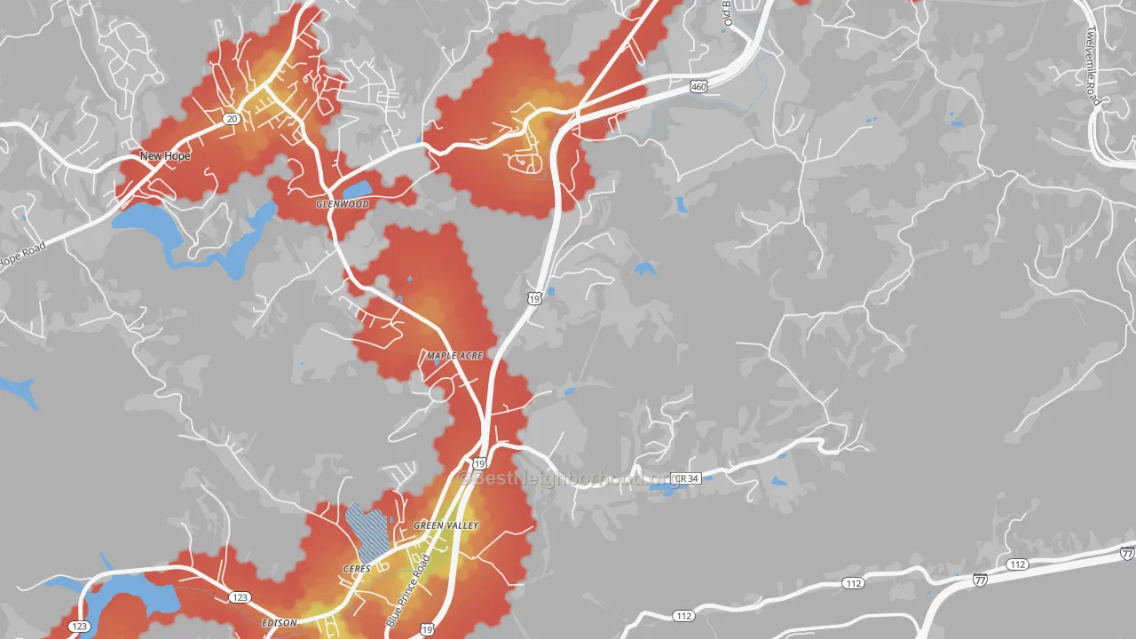 Walk Grade map of Green Valley, WV, walkable areas in green and car-dependent areas in red