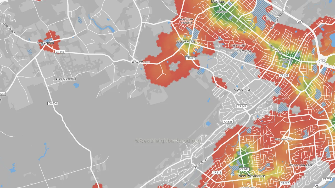 Walk Grade map of Green Village, NJ, walkable areas in green and car-dependent areas in red