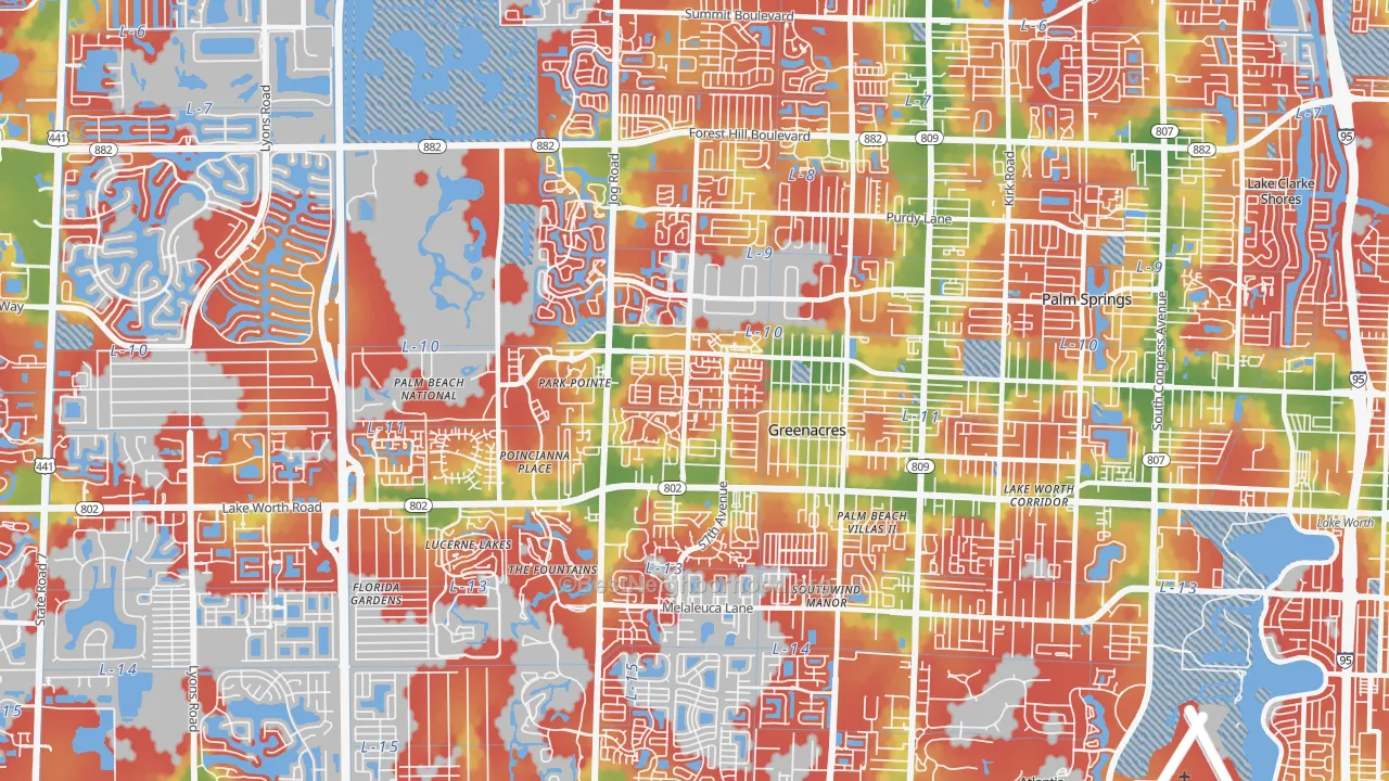 Walk Grade map of Greenacres, FL, walkable areas in green and car-dependent areas in red