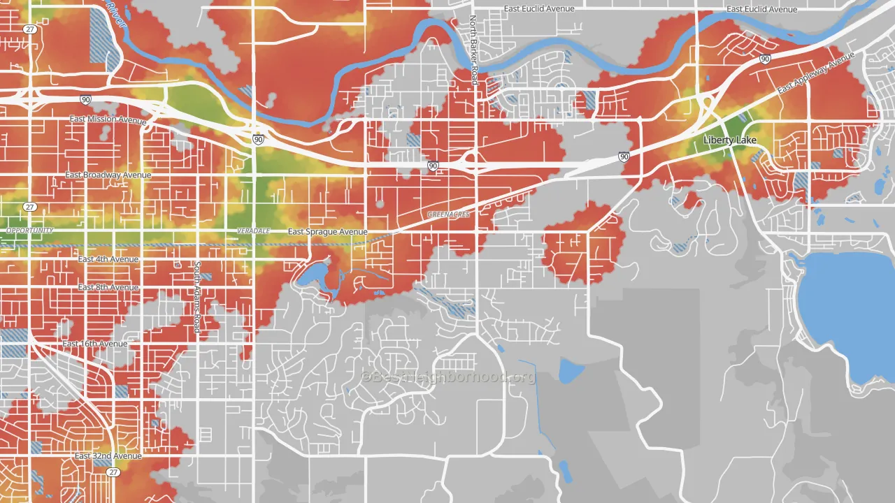 Walk Grade map of Greenacres, WA, walkable areas in green and car-dependent areas in red