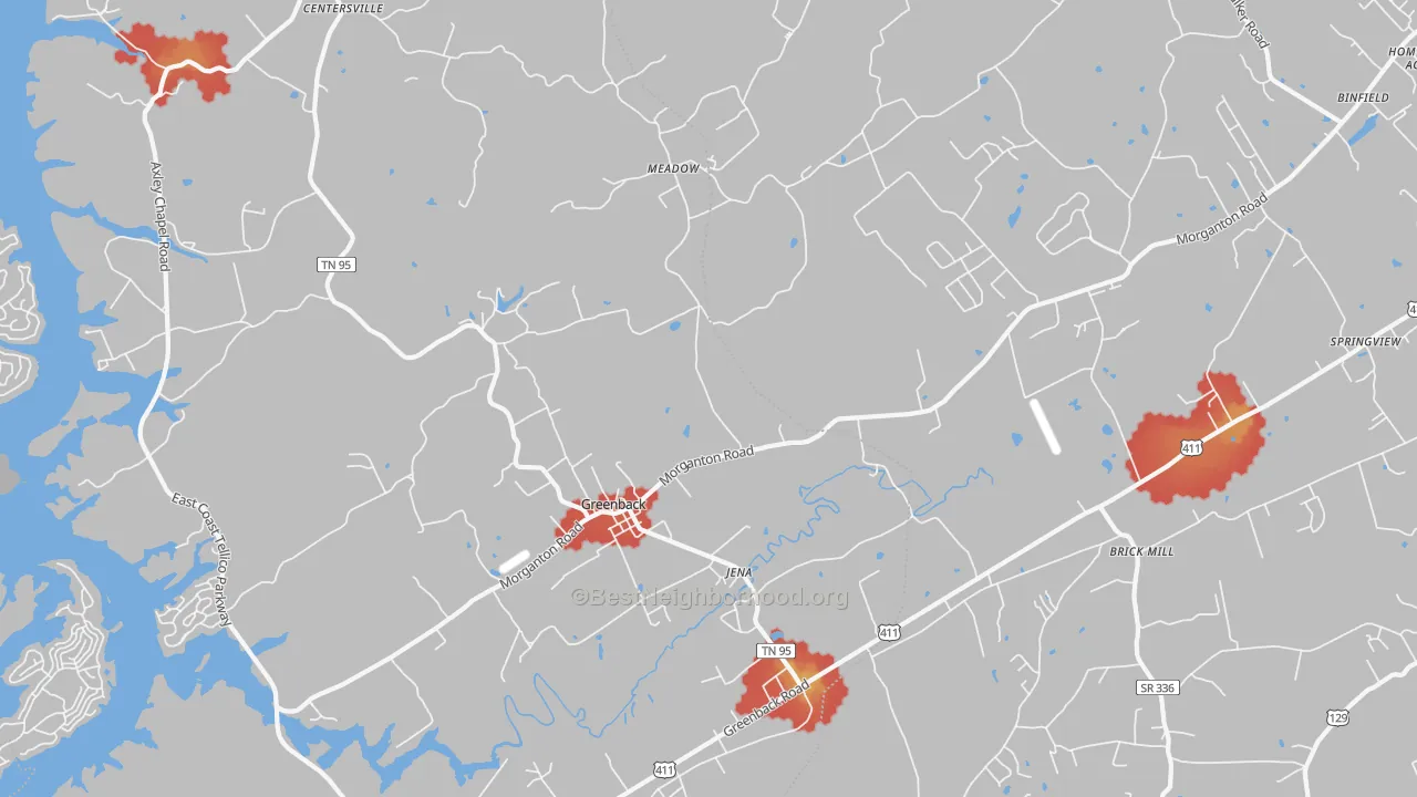 Walk Grade map of Greenback, TN, walkable areas in green and car-dependent areas in red
