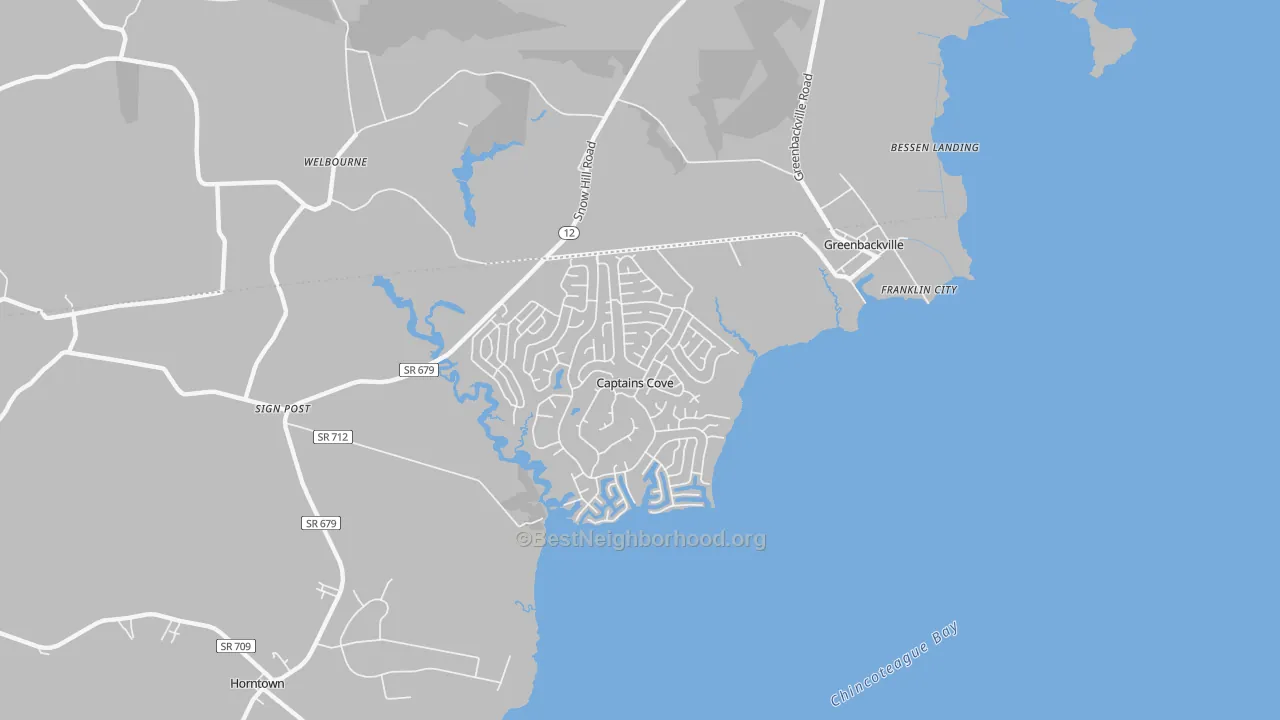 Walk Grade map of Greenbackville, VA, walkable areas in green and car-dependent areas in red