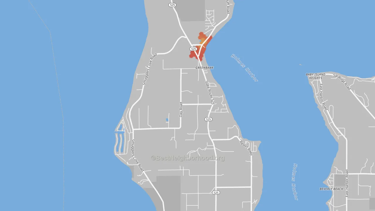 Walk Grade map of Greenbank, WA, walkable areas in green and car-dependent areas in red