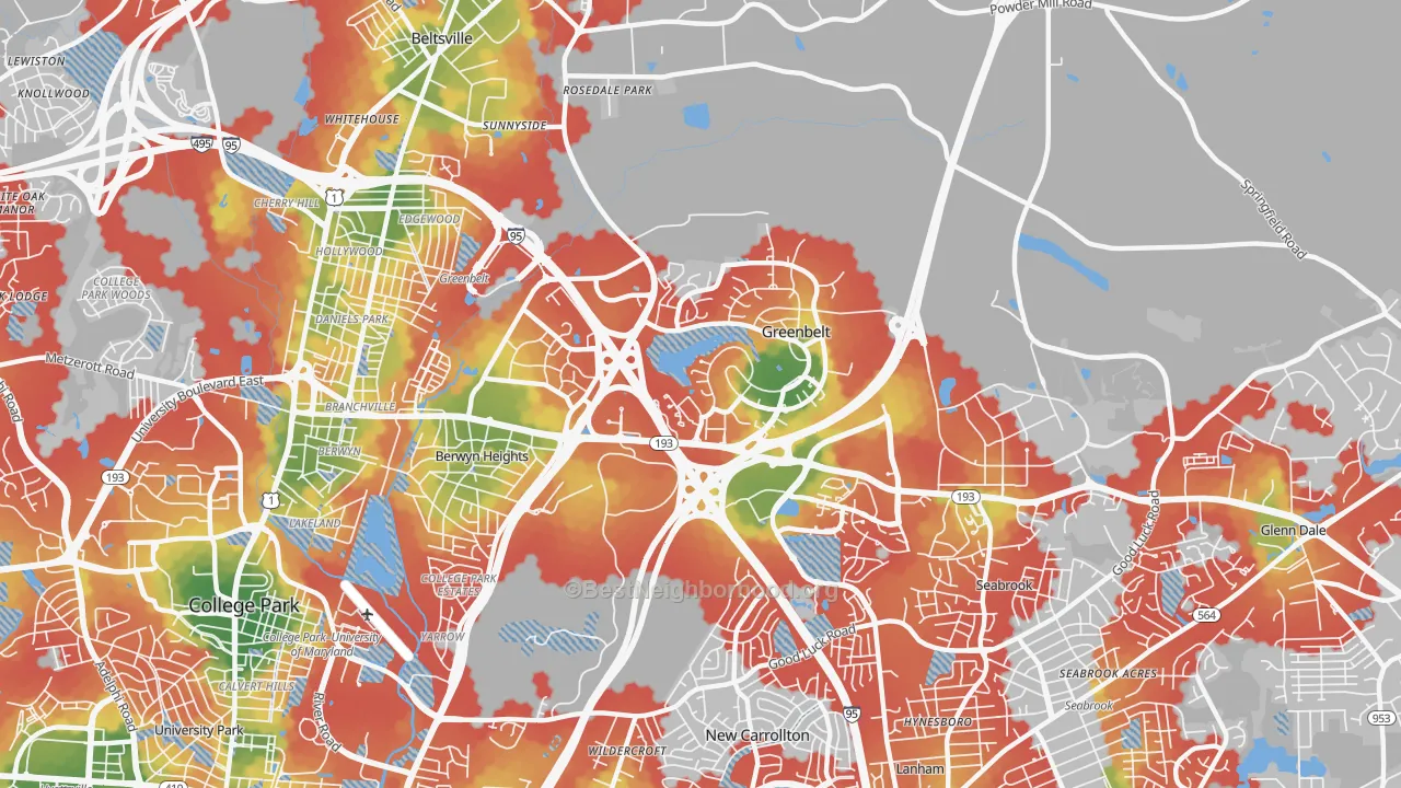 Walk Grade map of Greenbelt, MD, walkable areas in green and car-dependent areas in red