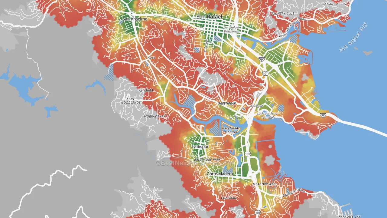 Walk Grade map of Greenbrae, CA, walkable areas in green and car-dependent areas in red