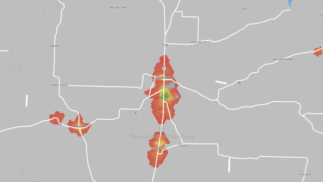Walk Grade map of Greenbrier, AR, walkable areas in green and car-dependent areas in red