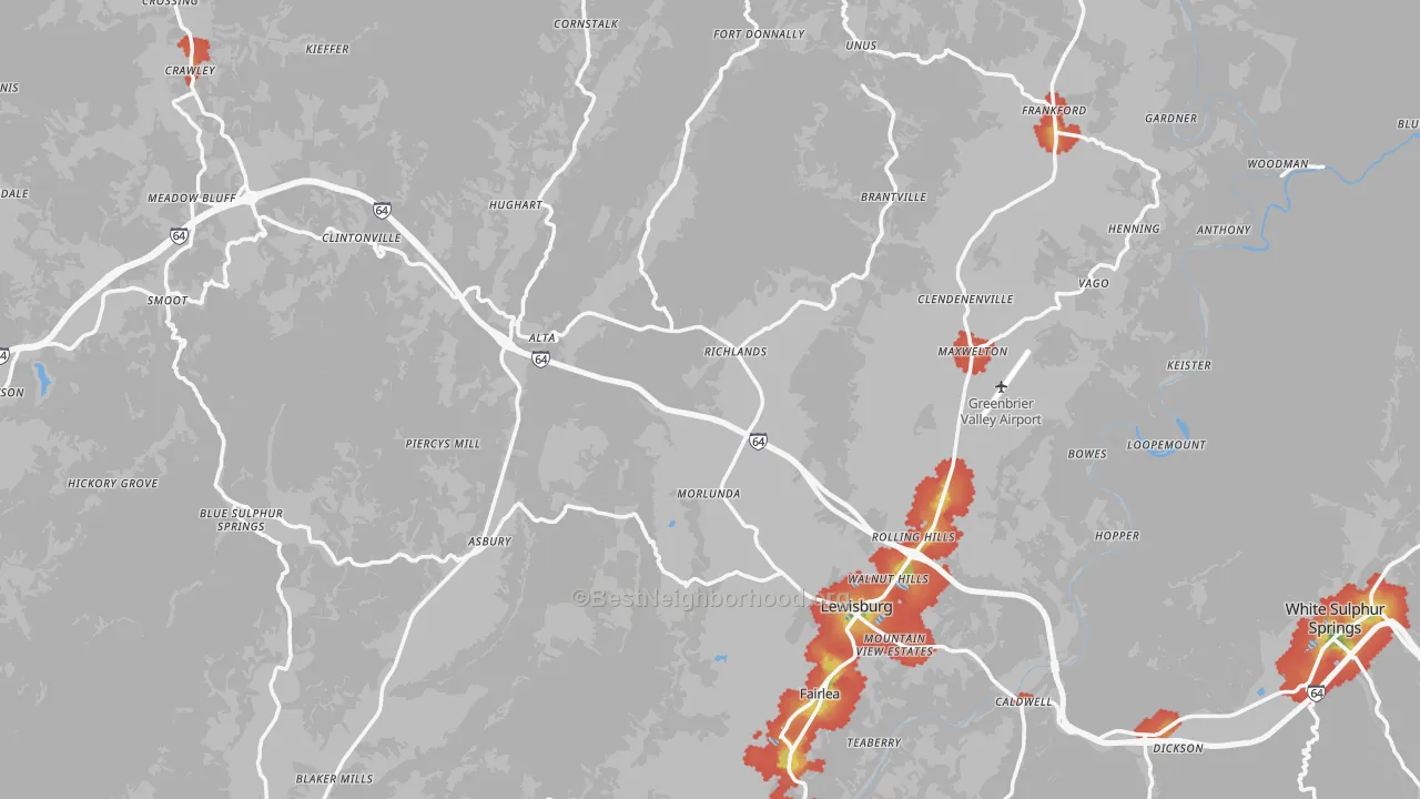 Walk Grade map of Greenbrier County, WV, walkable areas in green and car-dependent areas in red