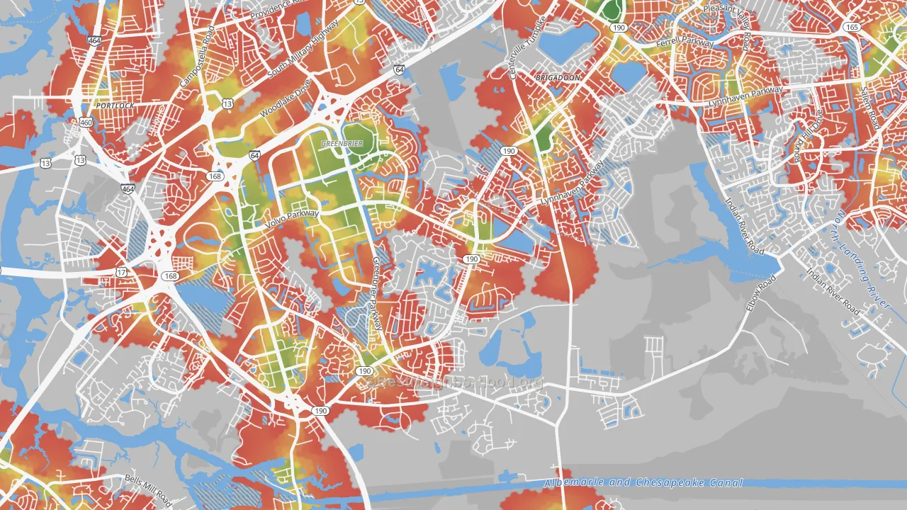 Walk Grade map of Greenbrier East, Chesapeake, VA, walkable areas in green and car-dependent areas in red