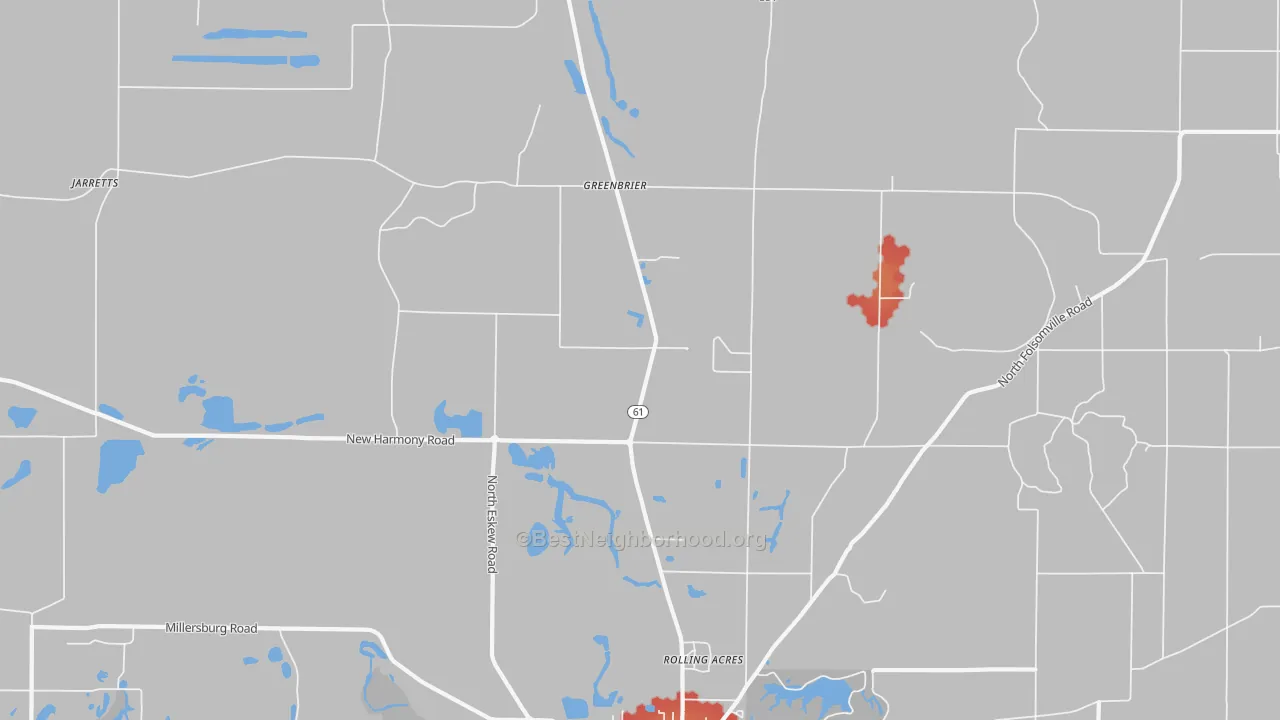 Walk Grade map of Greenbrier, IN, walkable areas in green and car-dependent areas in red