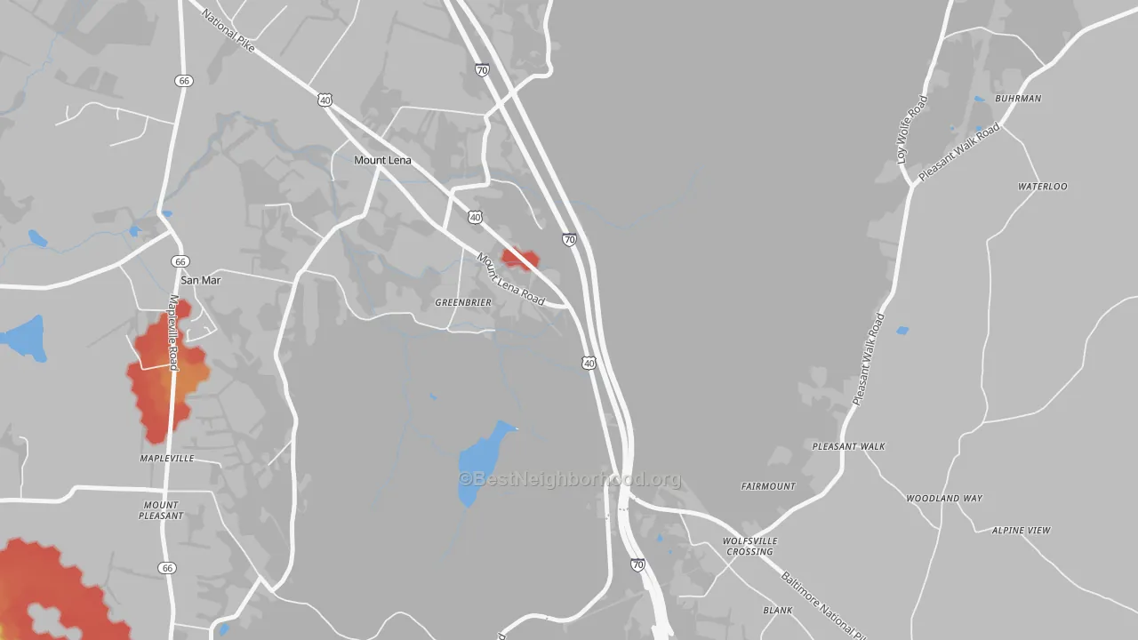 Walk Grade map of Greenbrier, MD, walkable areas in green and car-dependent areas in red