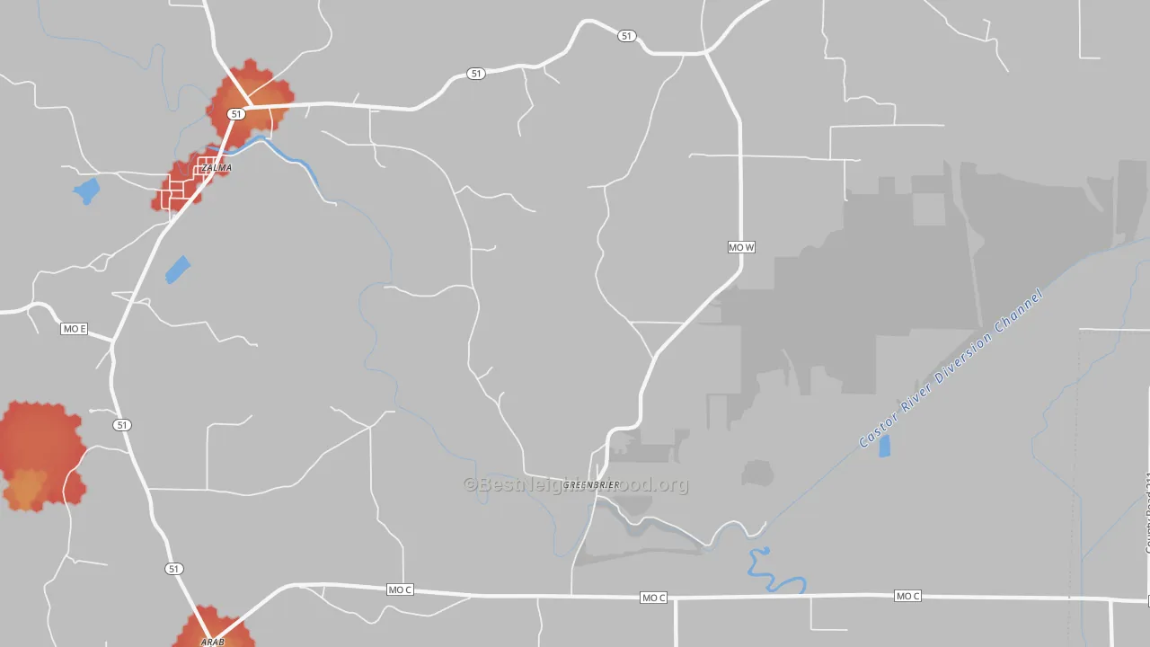 Walk Grade map of Greenbrier, MO, walkable areas in green and car-dependent areas in red