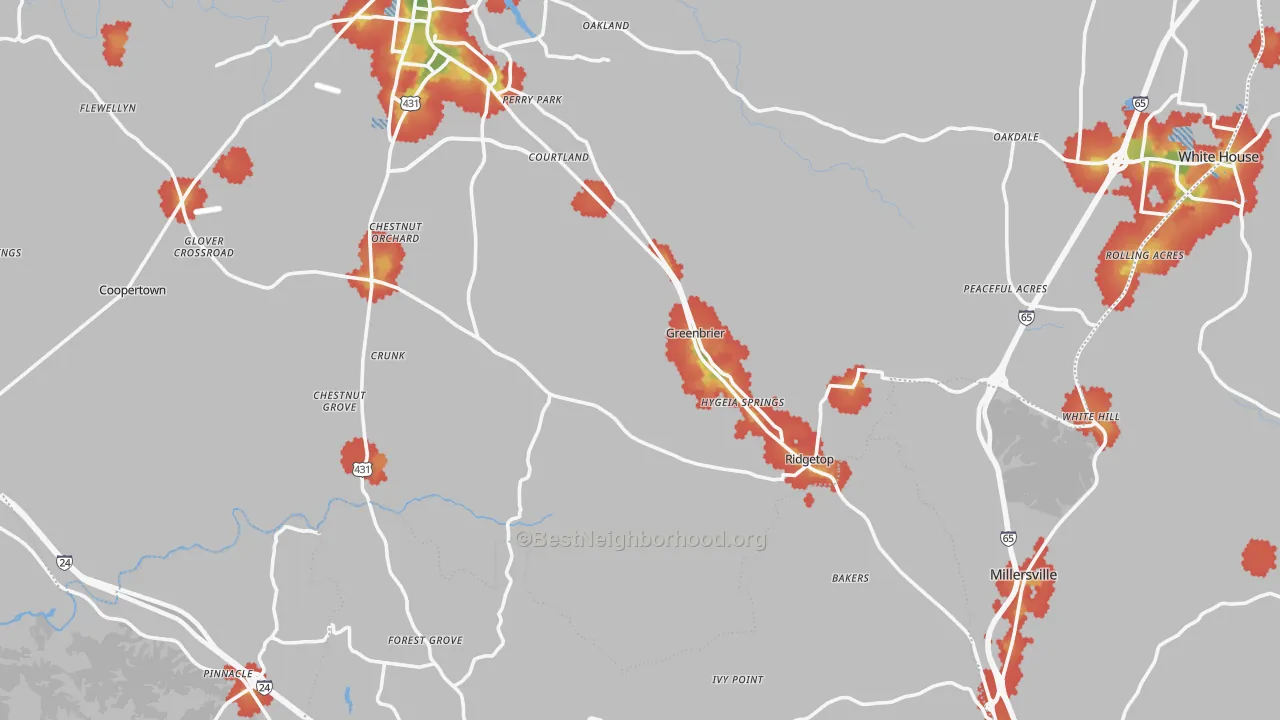Walk Grade map of Greenbrier, TN, walkable areas in green and car-dependent areas in red