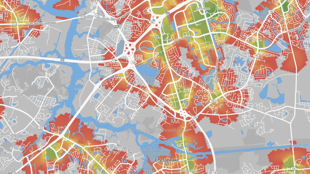 Walk Grade map of Greenbrier West, Chesapeake, VA, walkable areas in green and car-dependent areas in red