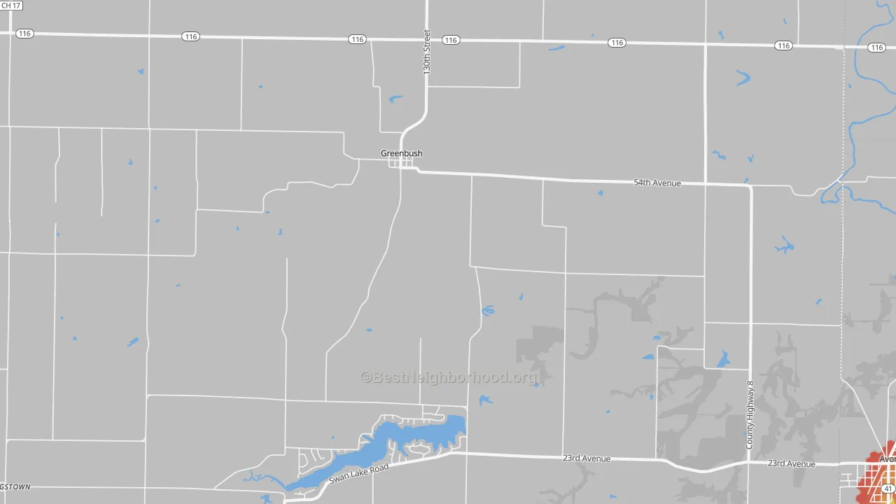 Walk Grade map of Greenbush, IL, walkable areas in green and car-dependent areas in red