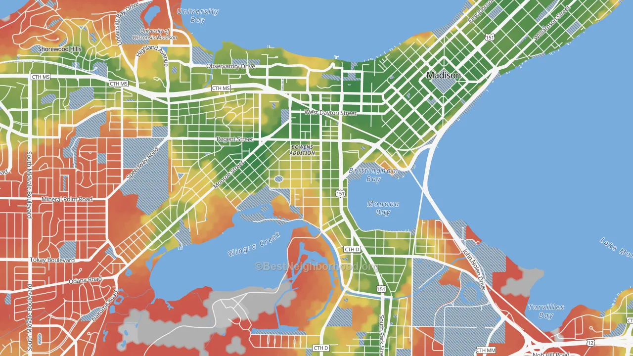 Walk Grade map of Greenbush, Madison, WI, walkable areas in green and car-dependent areas in red