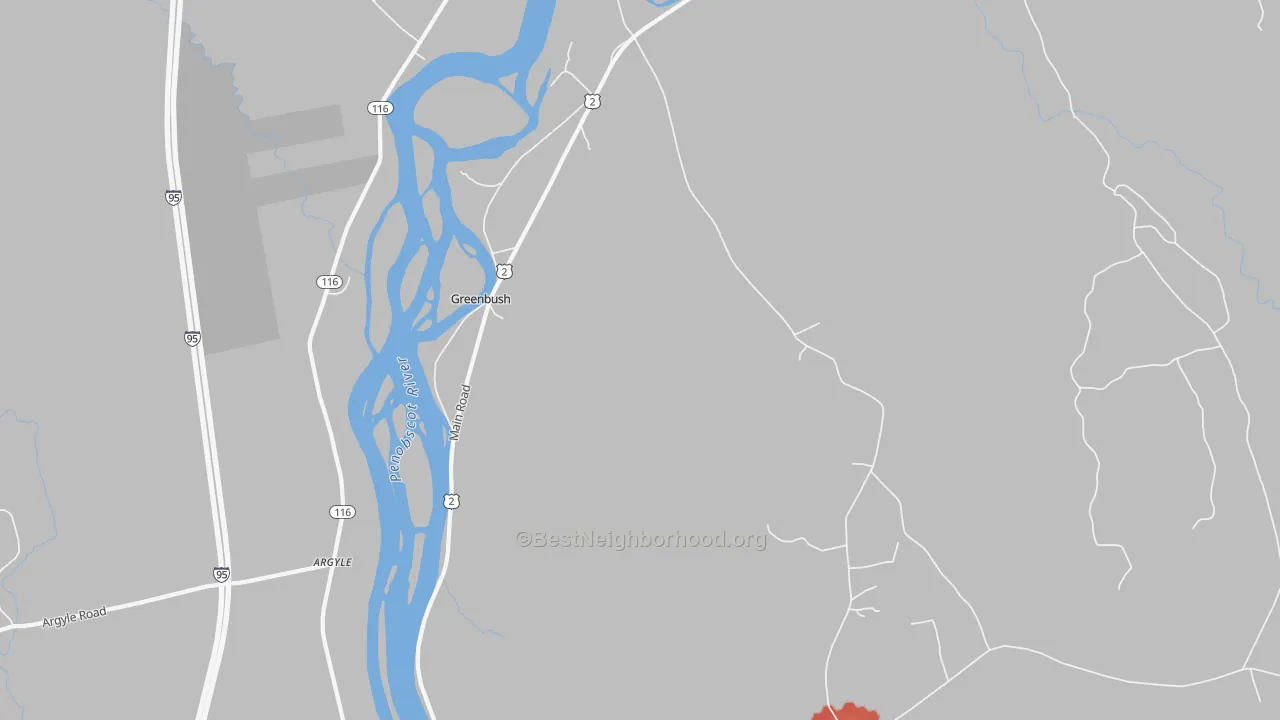 Walk Grade map of Greenbush, ME, walkable areas in green and car-dependent areas in red