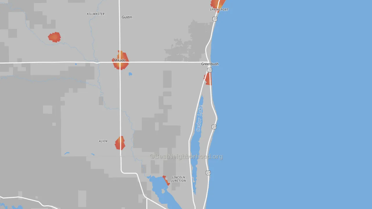 Walk Grade map of Greenbush, MI, walkable areas in green and car-dependent areas in red